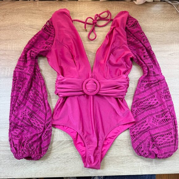 New PatBo Crochet Long Sleeve Plunge One Piece Swimsuit Swim V Neck Pink Magenta - Picture 5 of 15